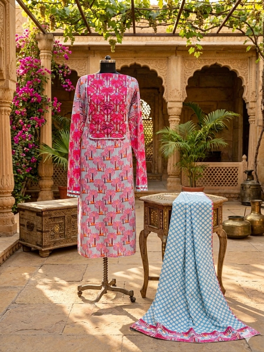 A stunning pure cotton co-ord set in a vibrant blend of blues, pinks, and reds