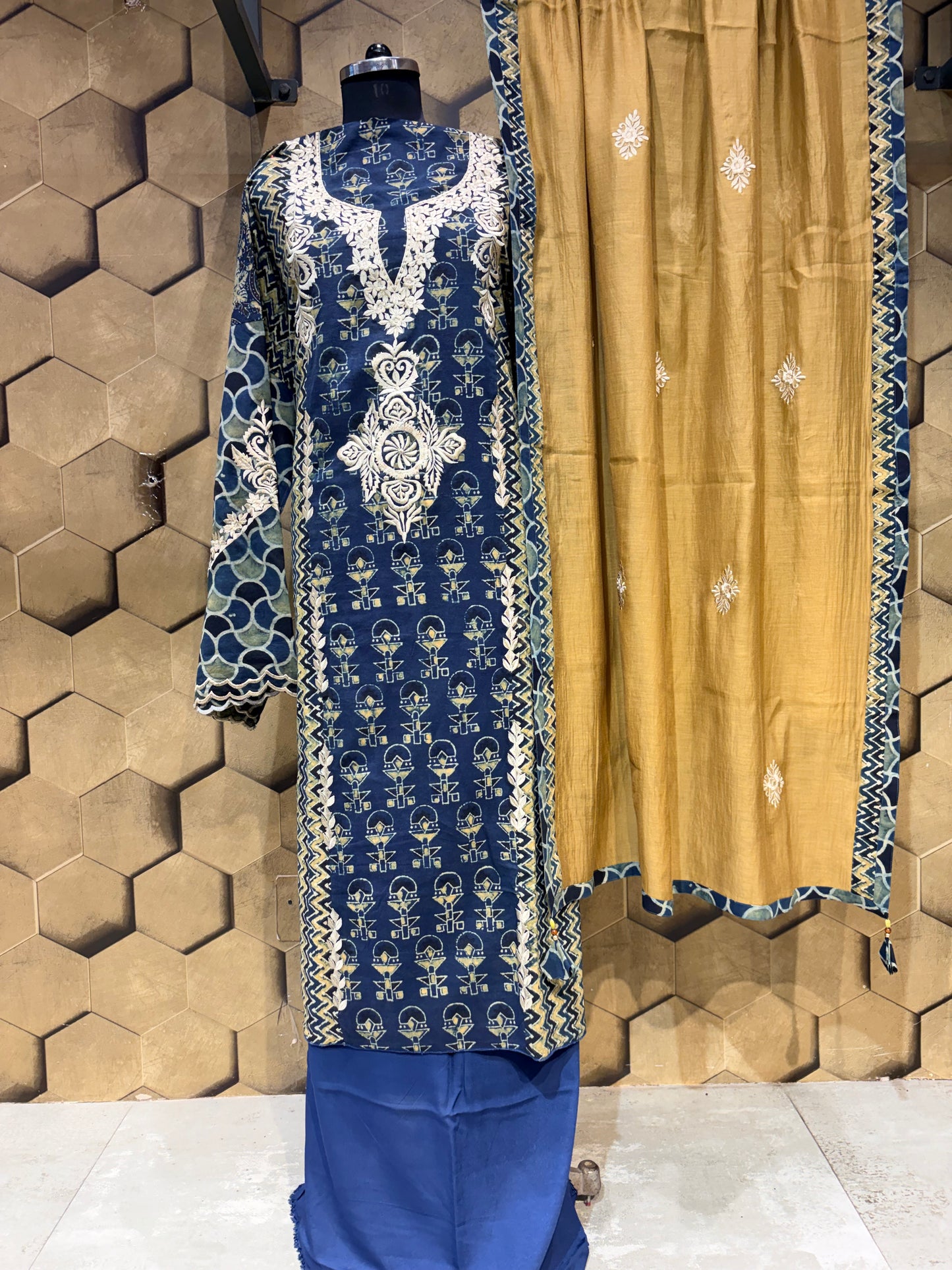 Ajrakh Cotton Suit Set with Resham Embroidery
