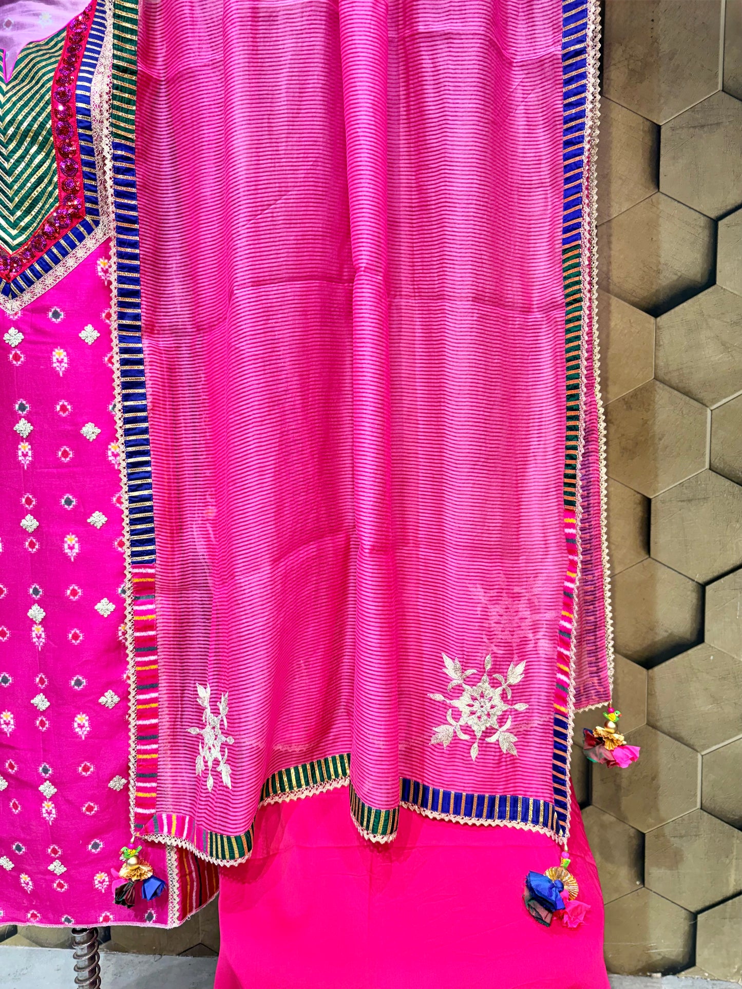 Vibrant and beautiful Pure Chanderi suit set in bright fuchsia Patola print