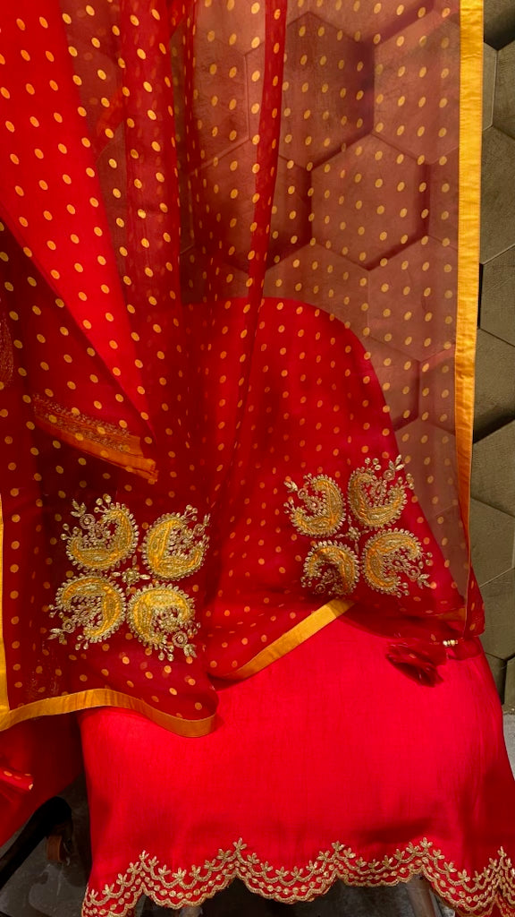 Red and mustard combo in katan silk