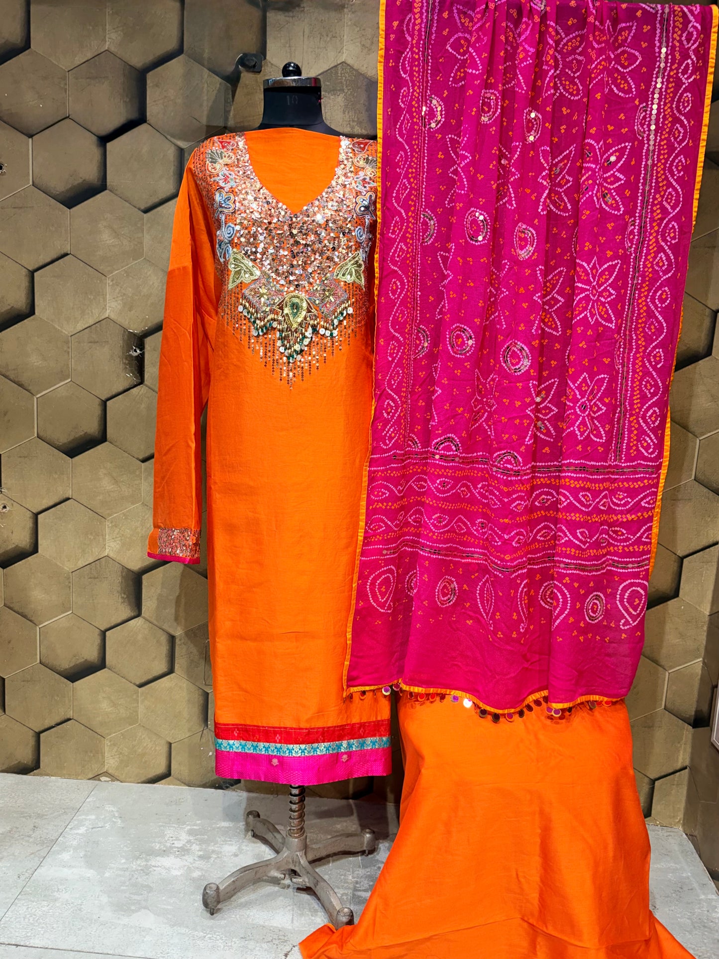 Luxurious and Vibrant Orange Pure Chanderi festive ensemble