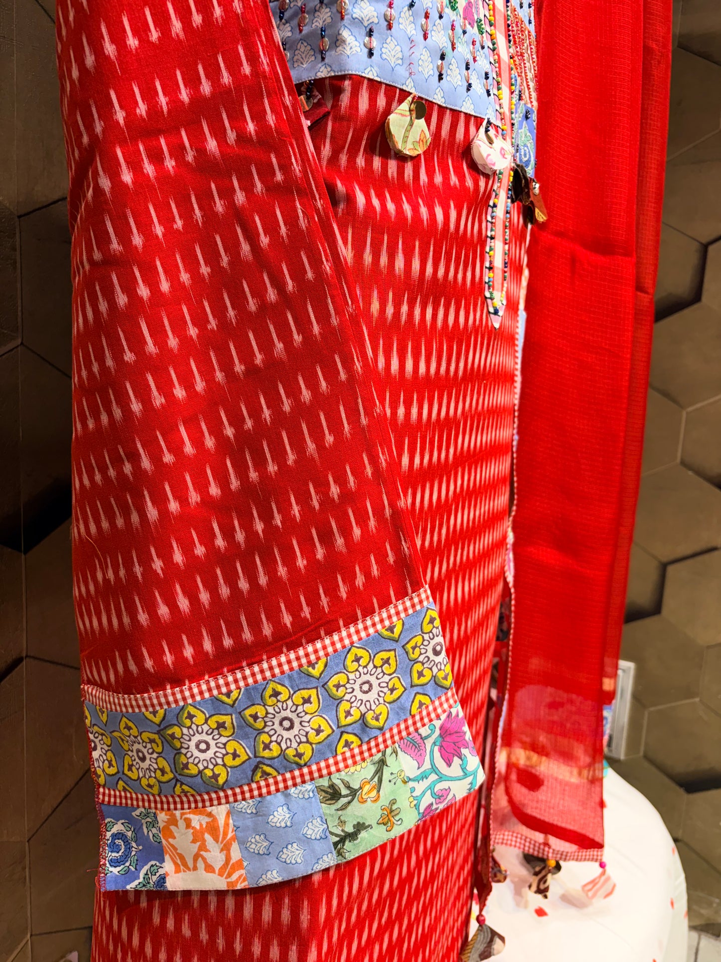 Pure cotton vibrant red ikat suit set