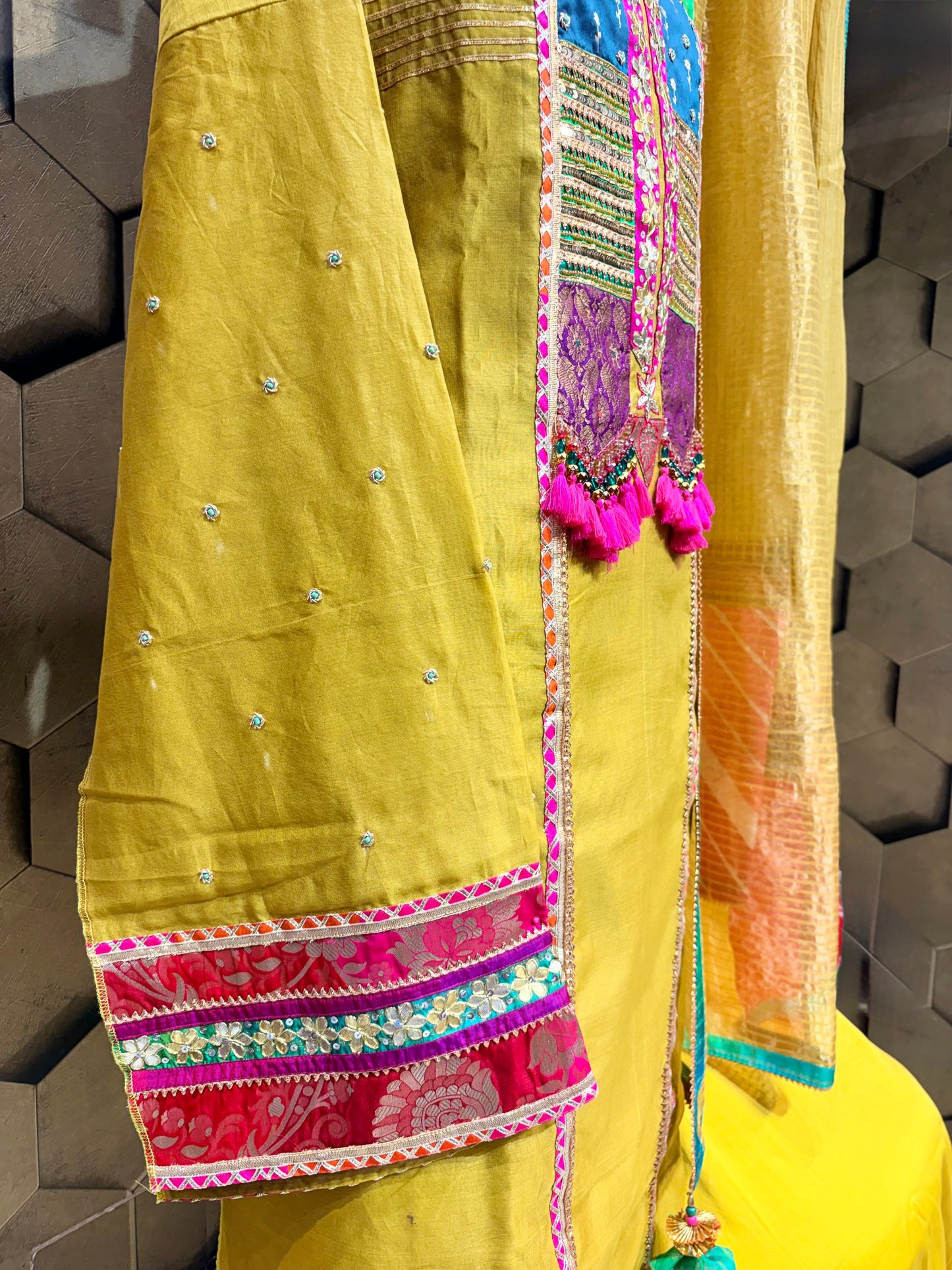 Vibrant bright mustard suit set in elegant Chanderi