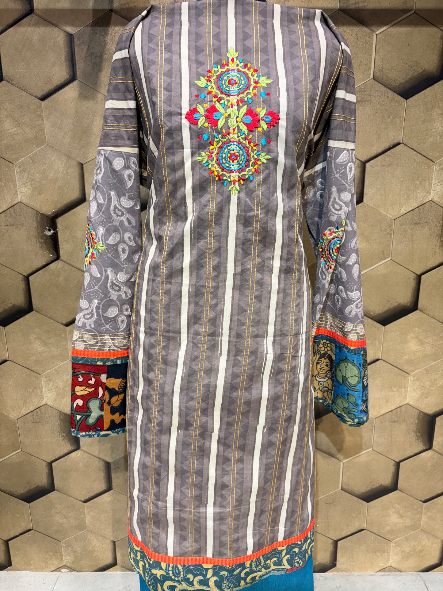 Pure cotton hand-block  suit set with a stunning hand-painted Kalamkari ghera