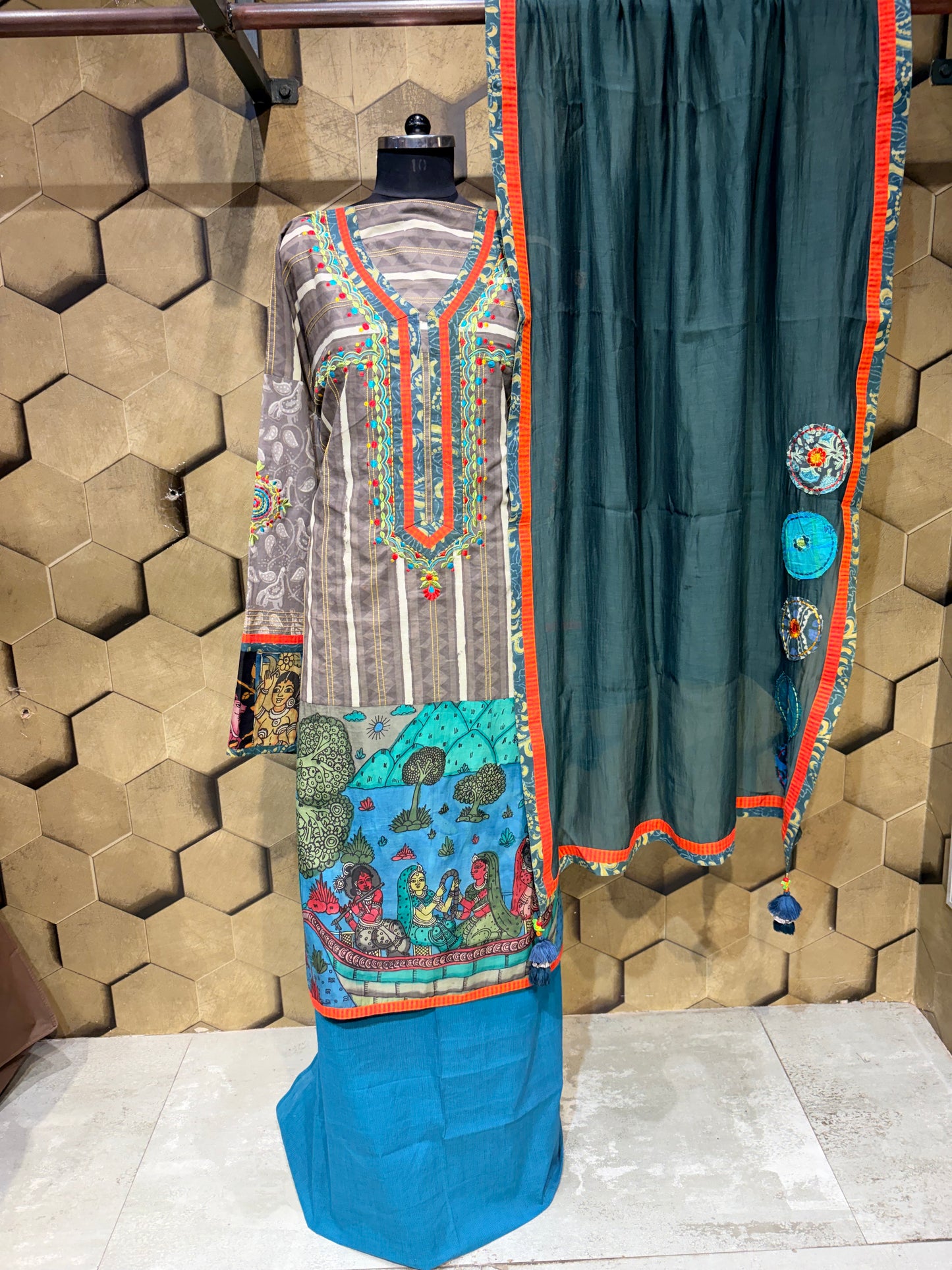 Pure cotton hand-block  suit set with a stunning hand-painted Kalamkari ghera