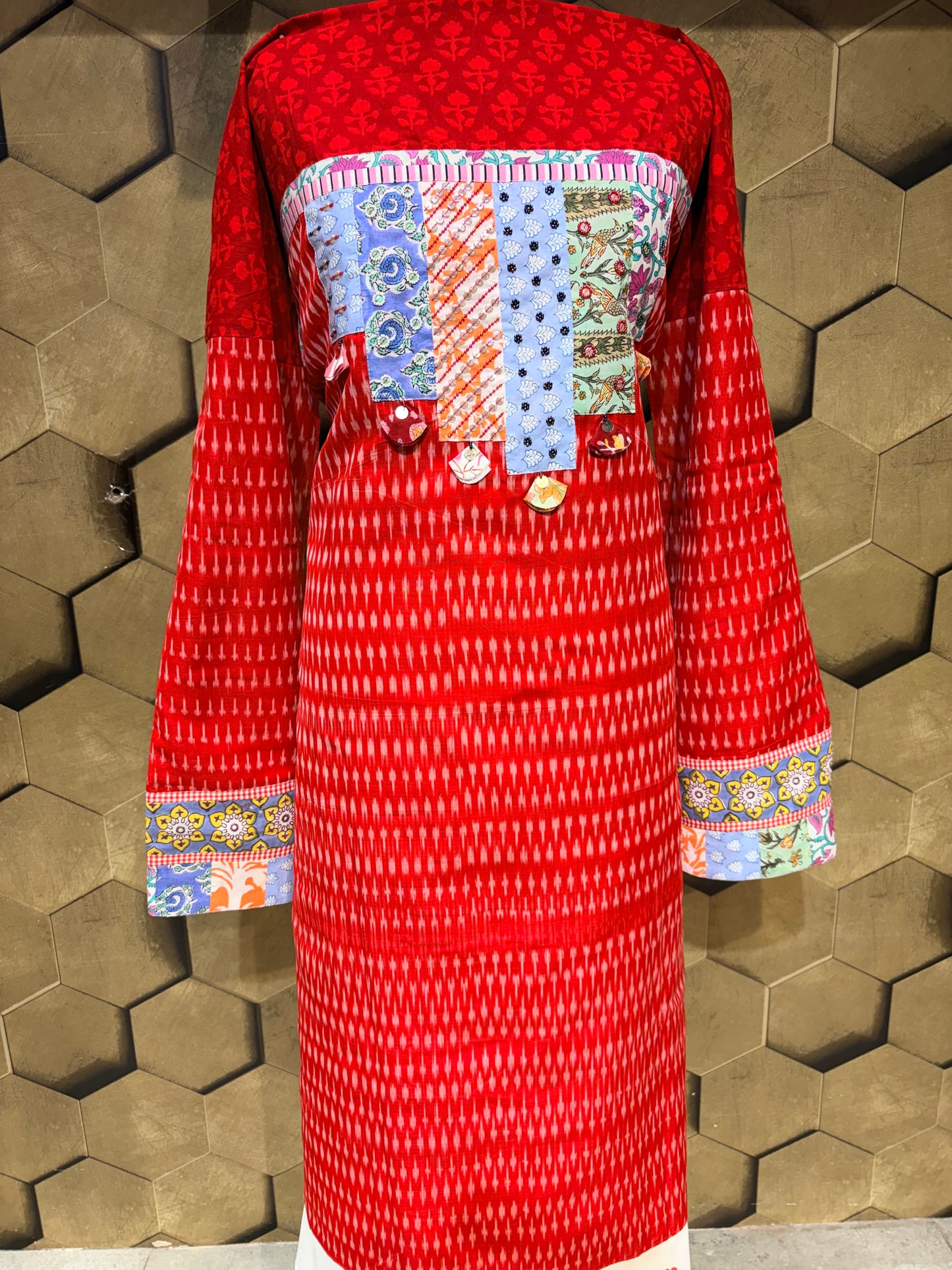 Pure cotton vibrant red ikat suit set
