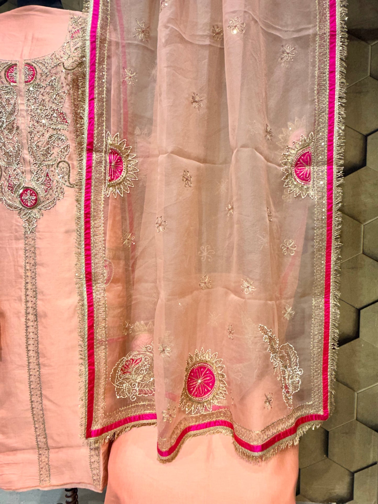 Chanderi ensemble in a soft, sophisticated peach hue with Zari embroidery