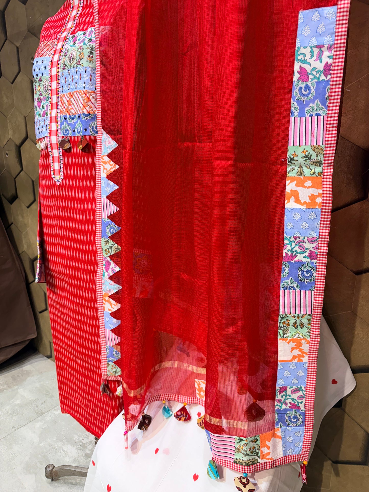 Pure cotton vibrant red ikat suit set