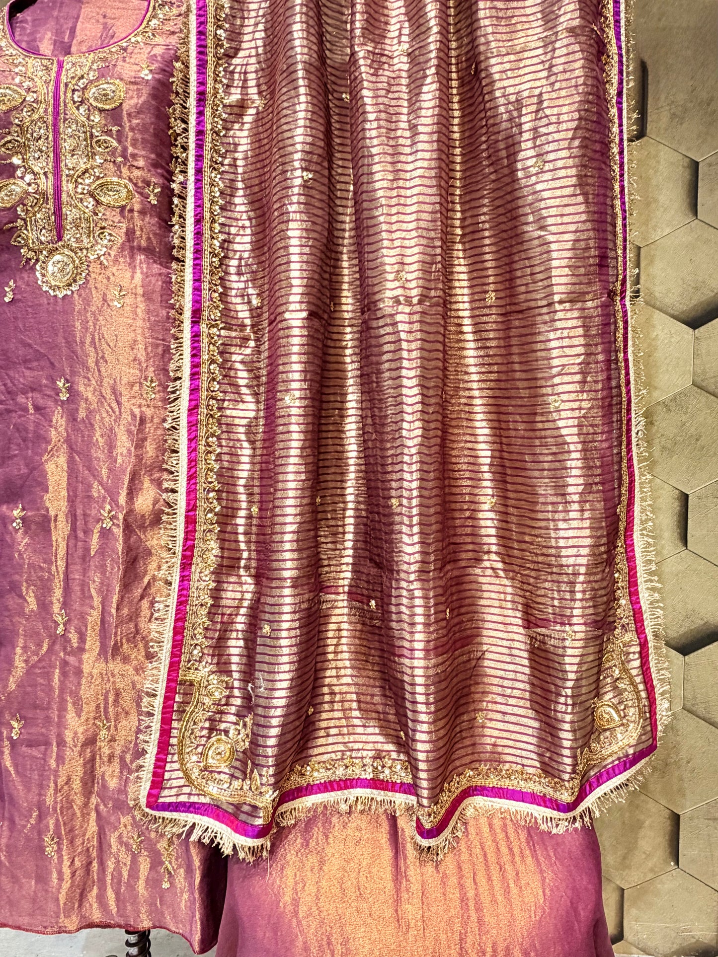 Regal Elegance in Deep Wine Pure Tissue with Hand embroidery