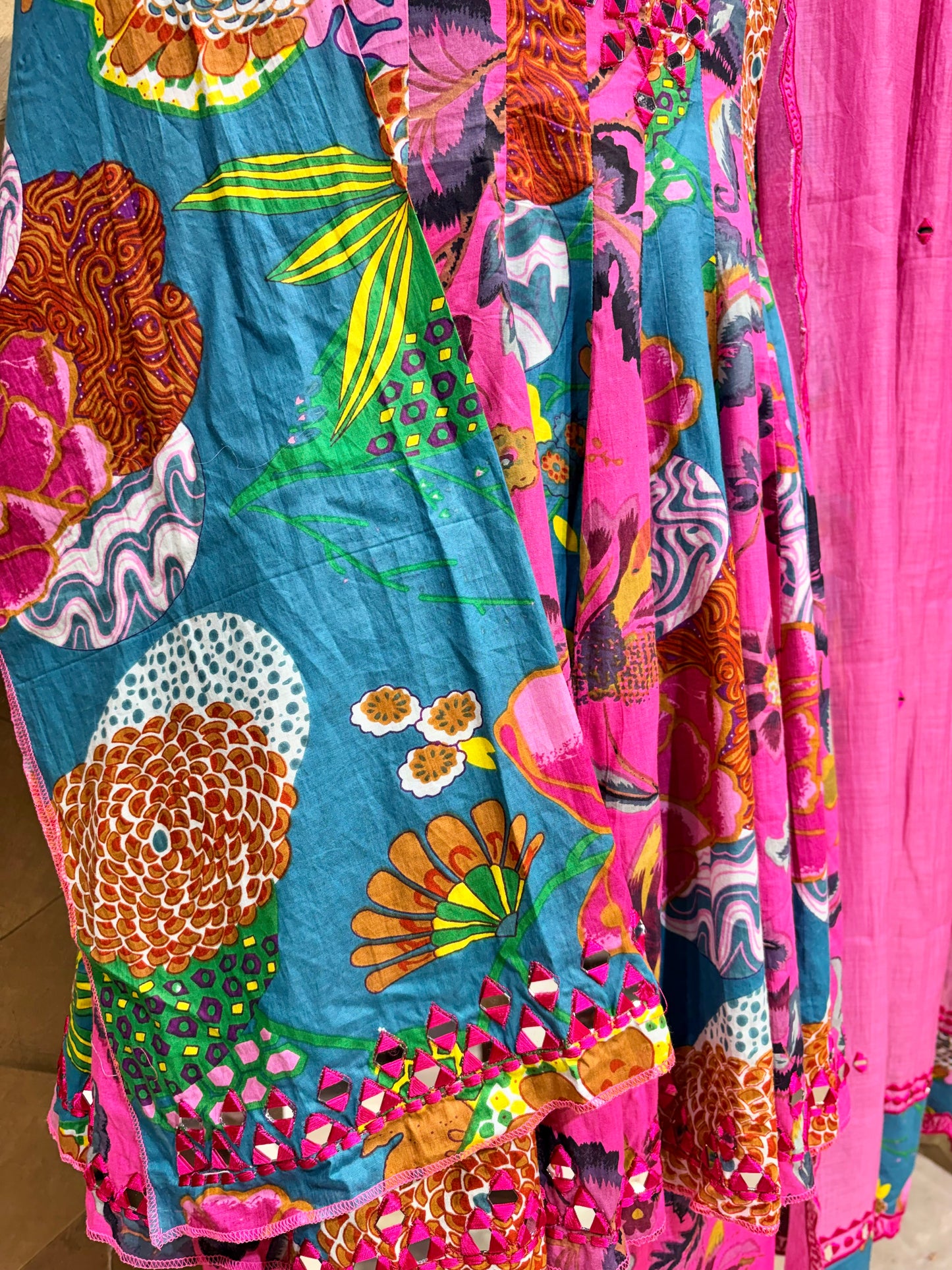 Pink & Teal Mirrorwork Anarkali in Pure Cotton