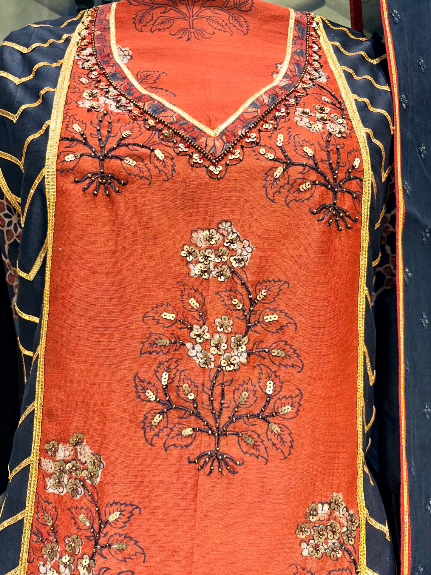 Rich Ajrakh block print Chanderi suit set with Gotta patti with intricate Hand work embroidery