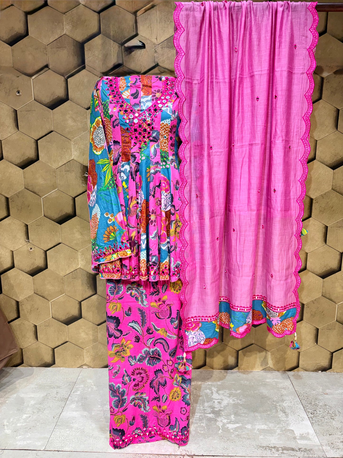 Pink & Teal Mirrorwork Anarkali in Pure Cotton