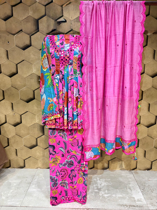 Pink & Teal Mirrorwork Anarkali in Pure Cotton