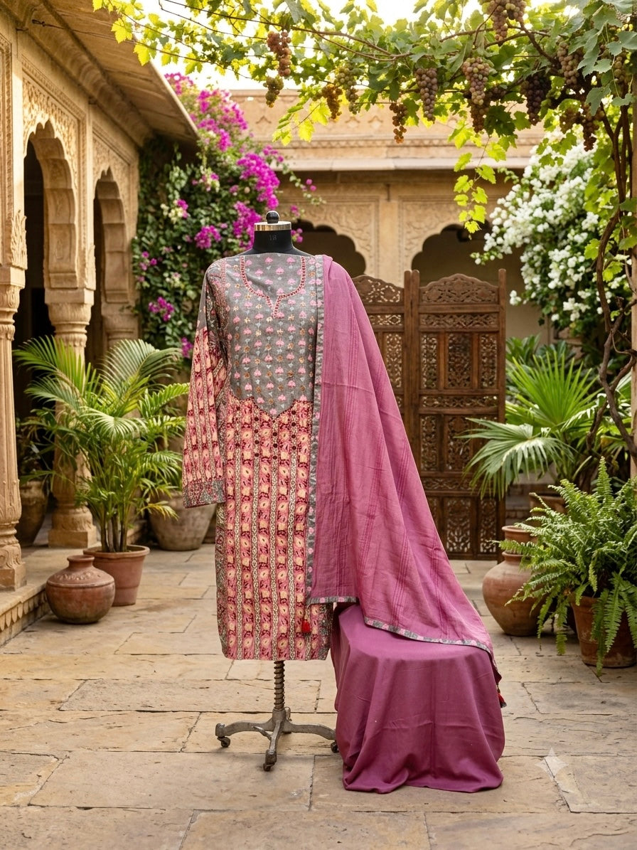 Premium pure cotton in an elegant combination of soft grey and deep onion pink tones