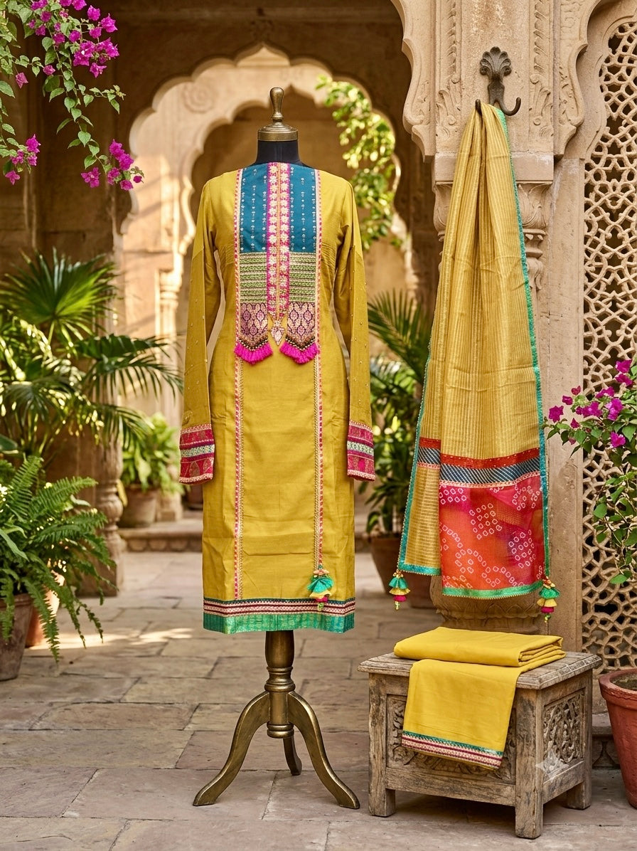 Vibrant bright mustard suit set in elegant Chanderi