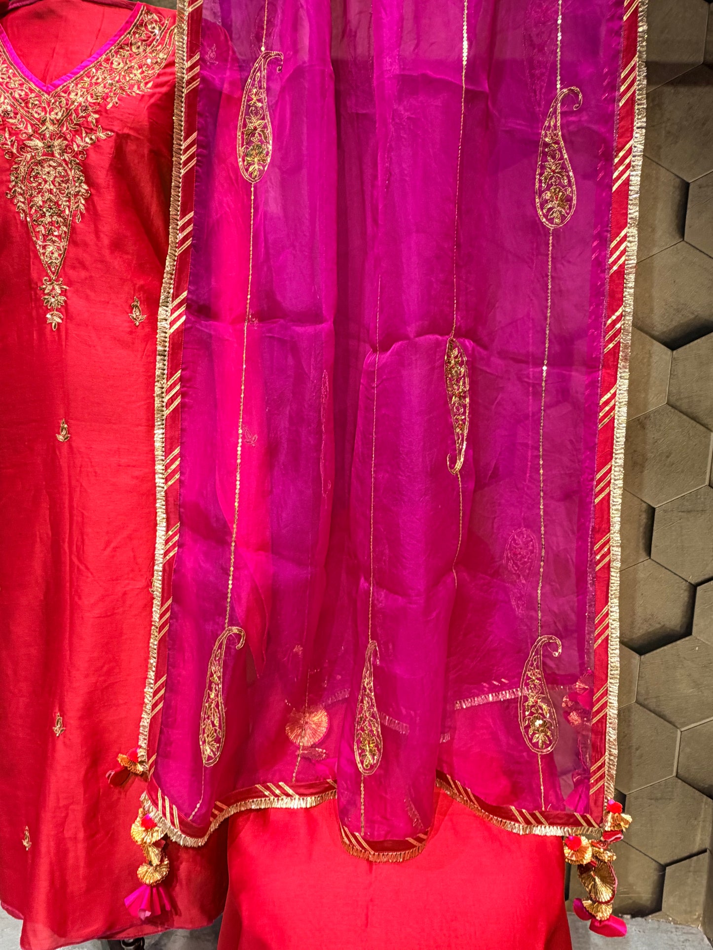 A Timeless Symphony of Red & Fuchsia in Elegant Chanderi with intricate Hand embroidery