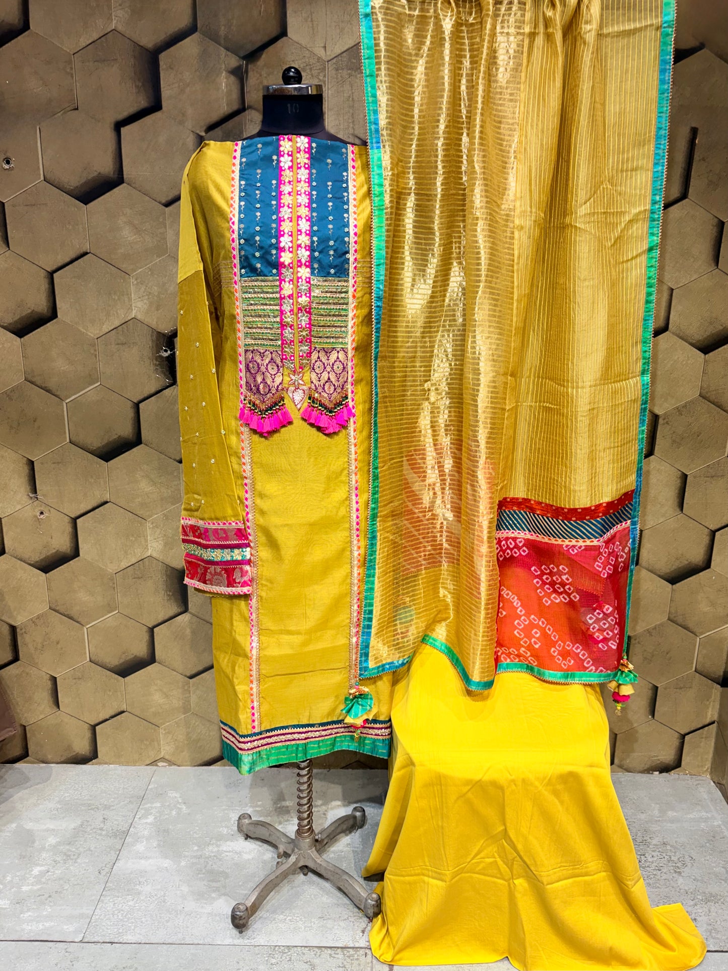 Vibrant bright mustard suit set in elegant Chanderi