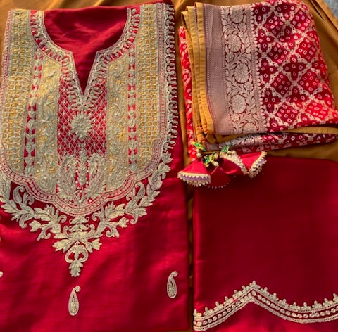 Vegan silk embroidery outfit with Banarasi bandhini dupatta