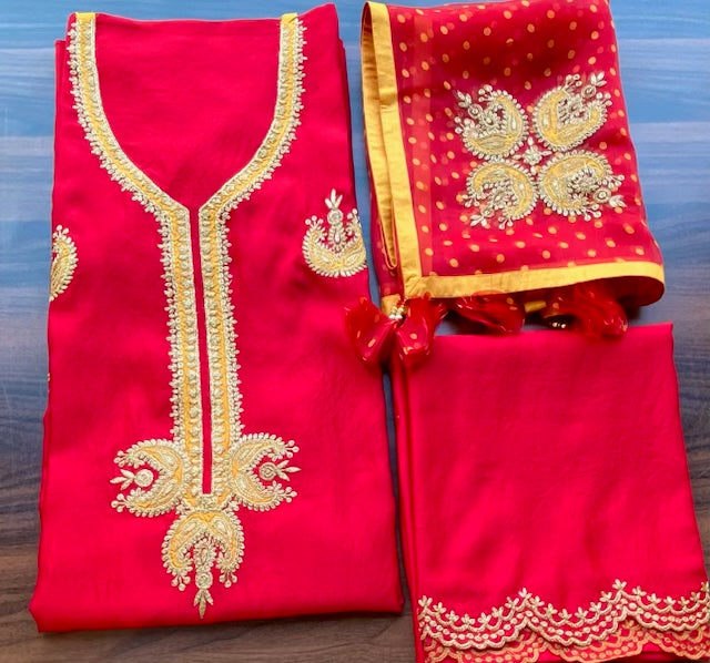 Red and mustard combo in katan silk