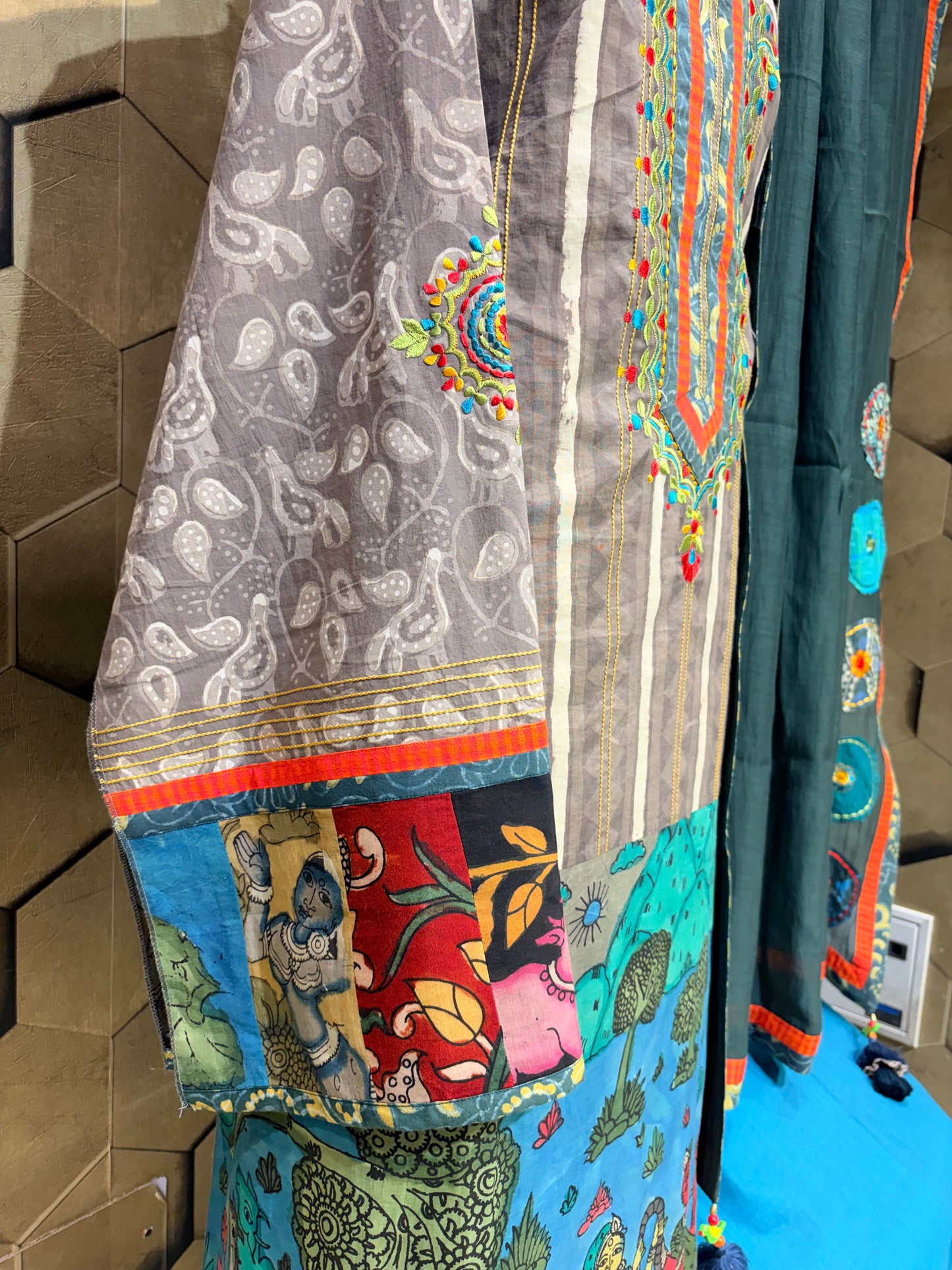 Pure cotton hand-block  suit set with a stunning hand-painted Kalamkari ghera
