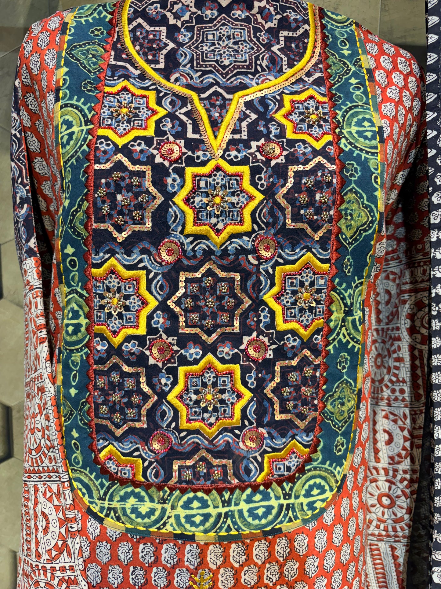 Pure cotton hand-block Dabu print suit set in a rich dark rust-maroon hue