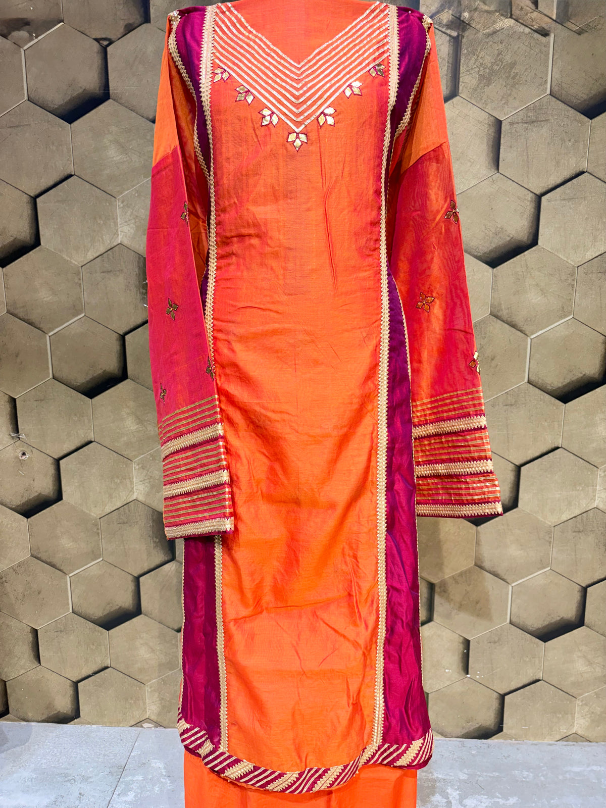 Beautiful Chanderi Salwar suit in a stunning combination of orange & wine