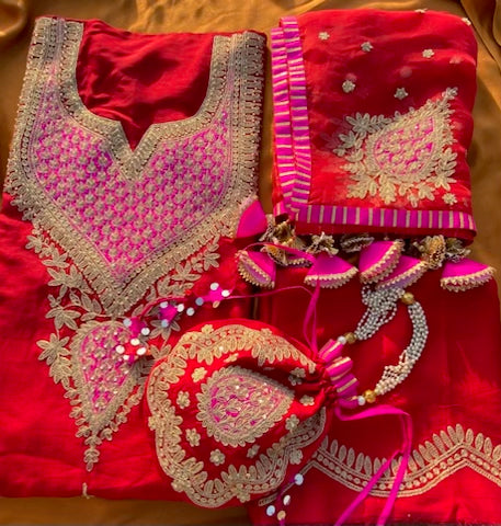 Red & hot pink  vegan silk outfit