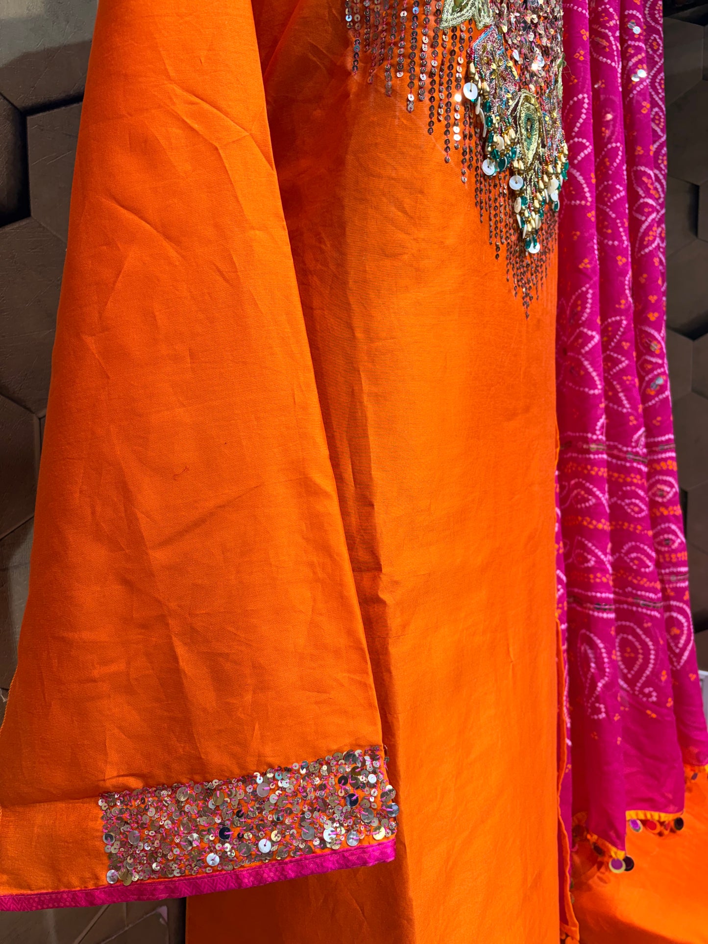 Luxurious and Vibrant Orange Pure Chanderi festive ensemble