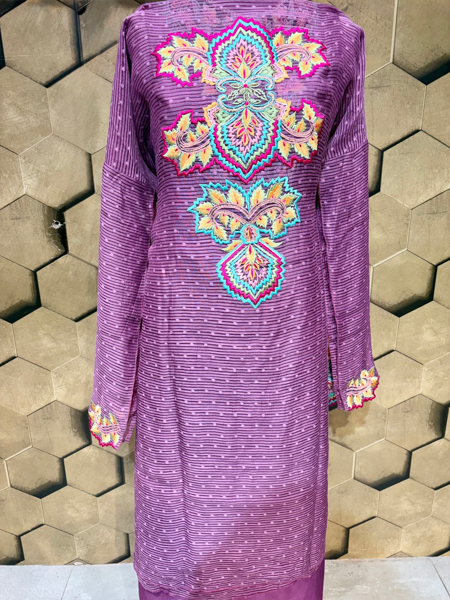Exclusive handcrafted ensemble in Mul Chanderi with multi coloured embroidery