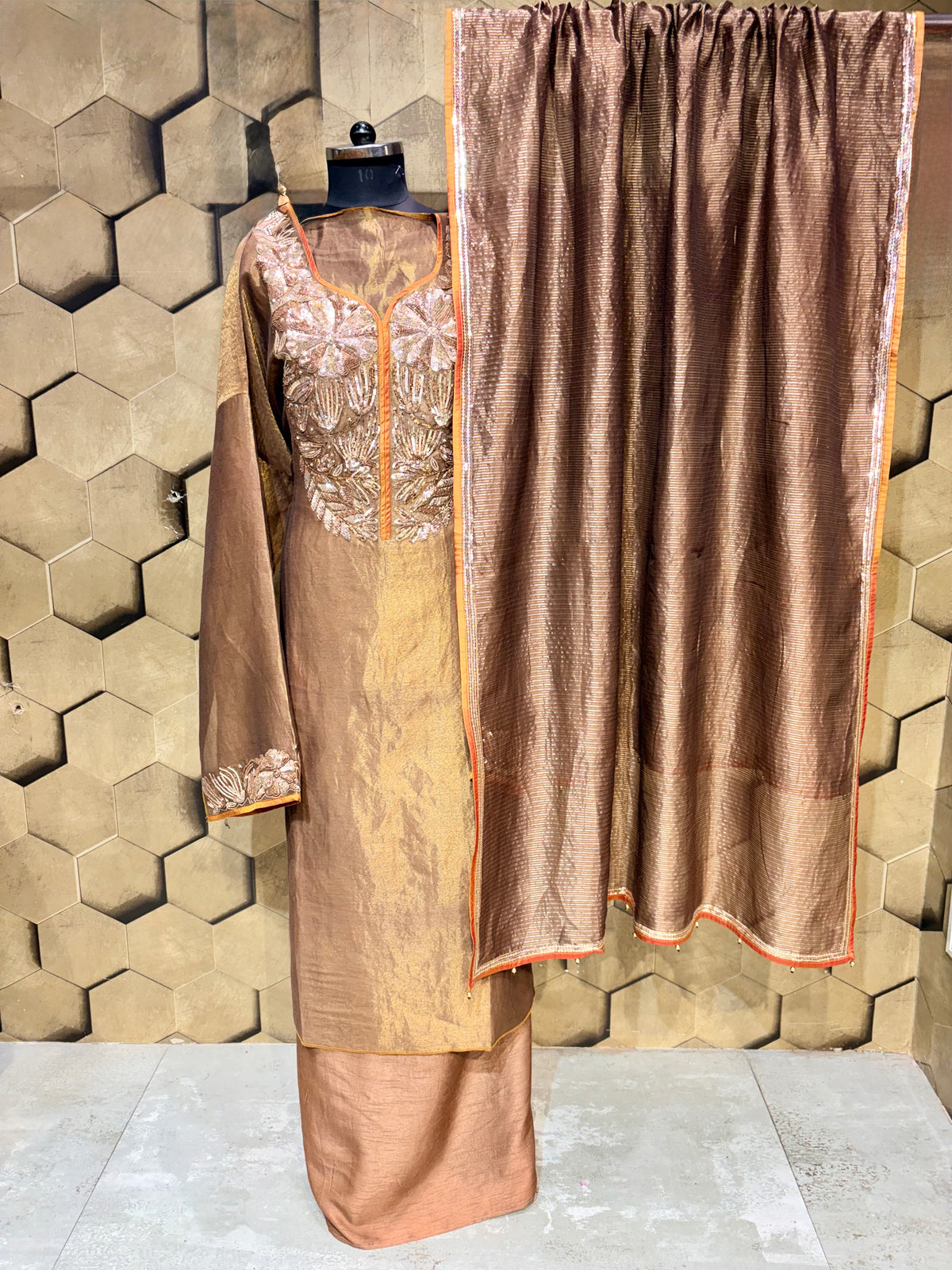 Copper Bronze Tissue Ensemble with Elegant Hand embroidery