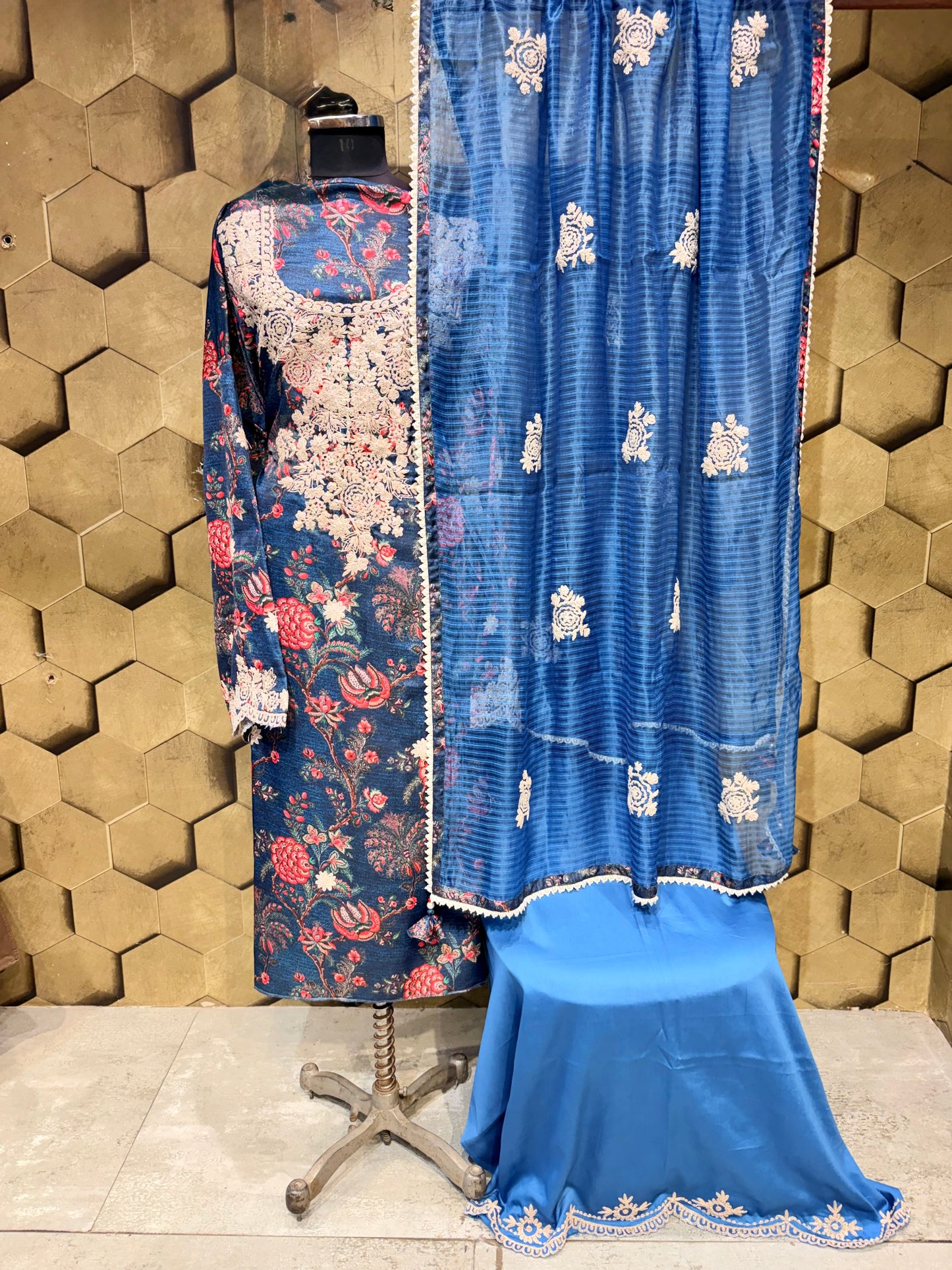 Luxurious linen satin suit set with dori embroidery