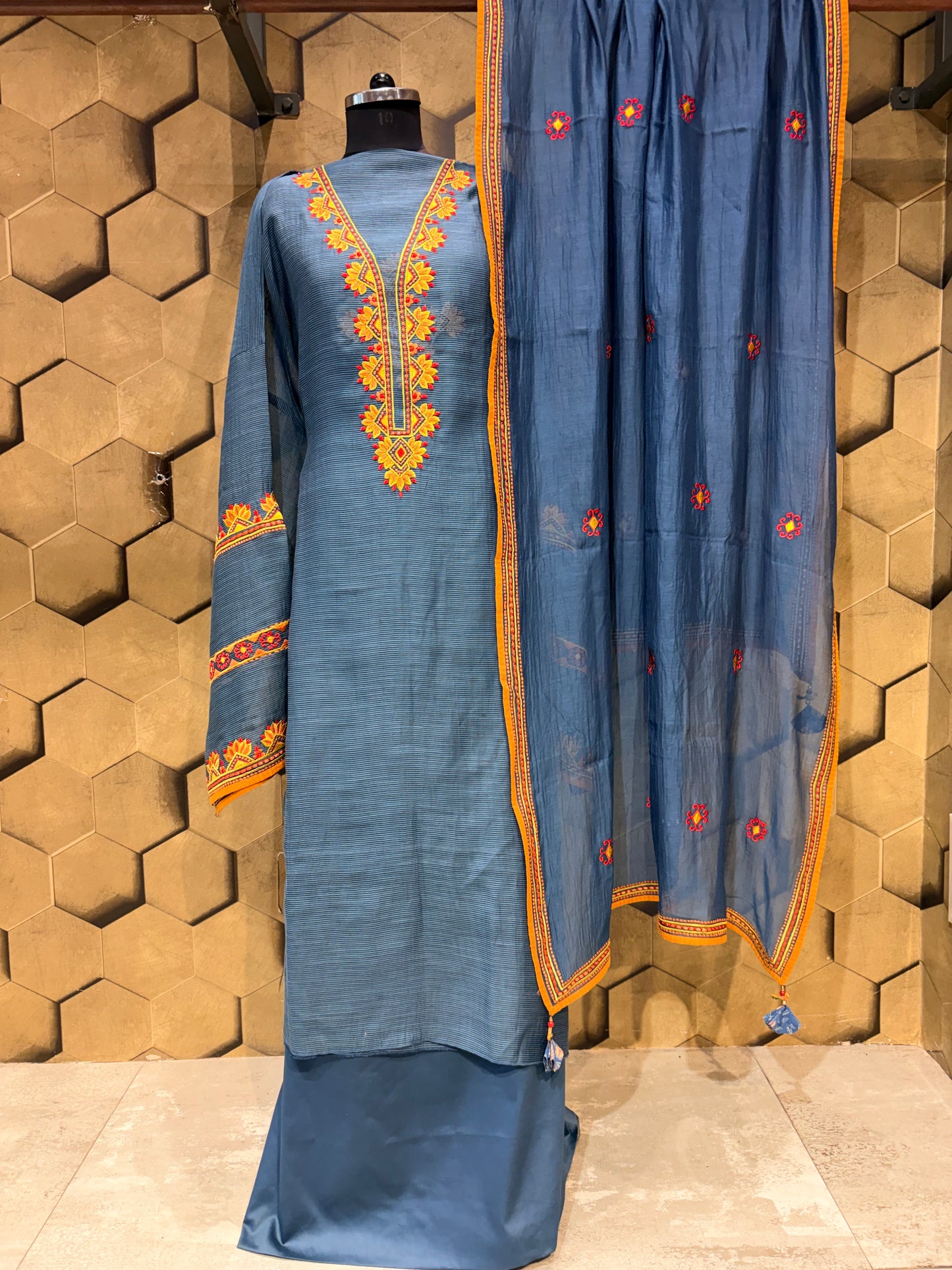 Striped Chanderi Suit Set with Resham Embroidery