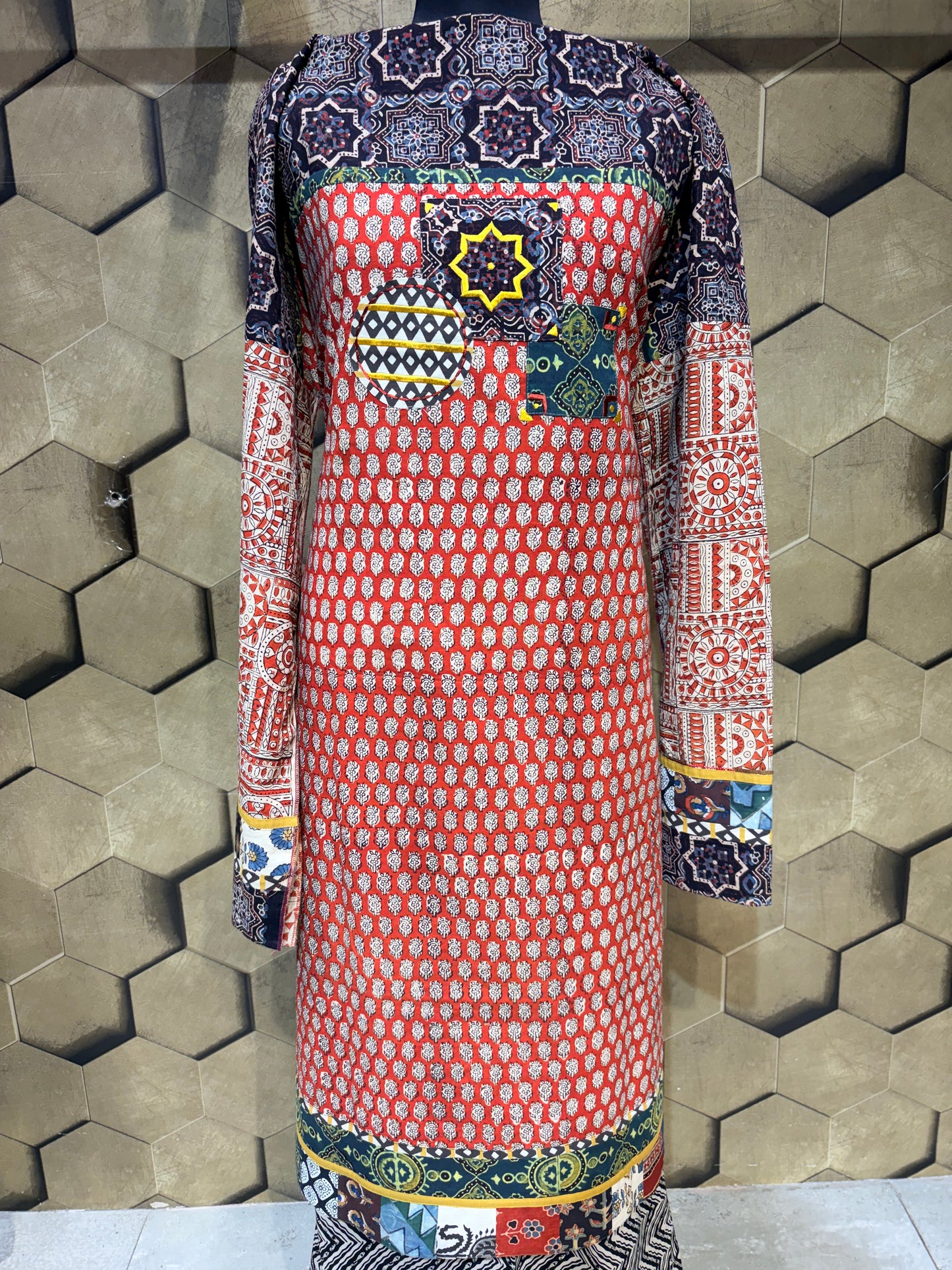 Pure cotton hand-block Dabu print suit set in a rich dark rust-maroon hue