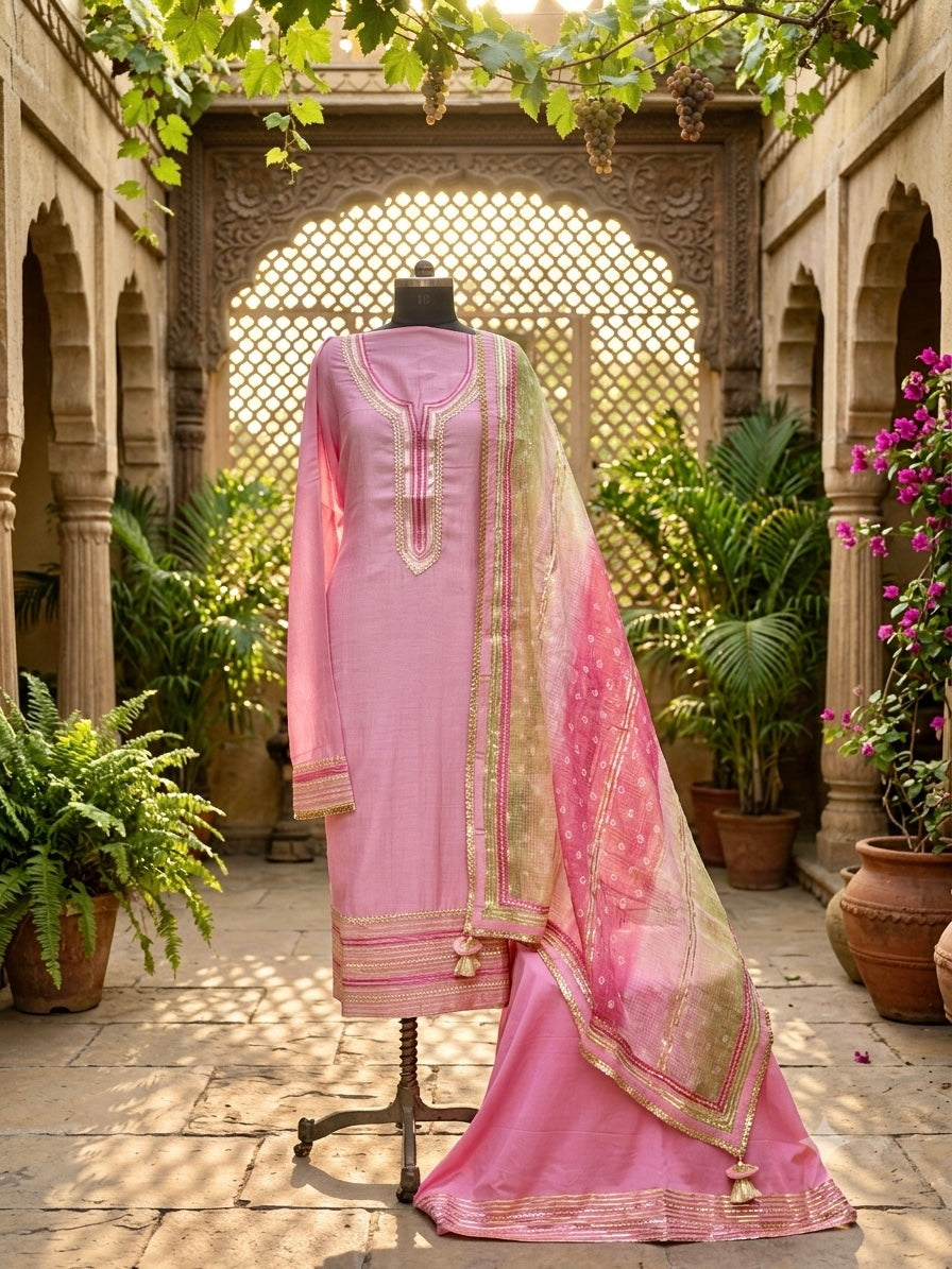Graceful Mul Chanderi suit set in a beautiful muted pink hue with Laces and Gotta detailings