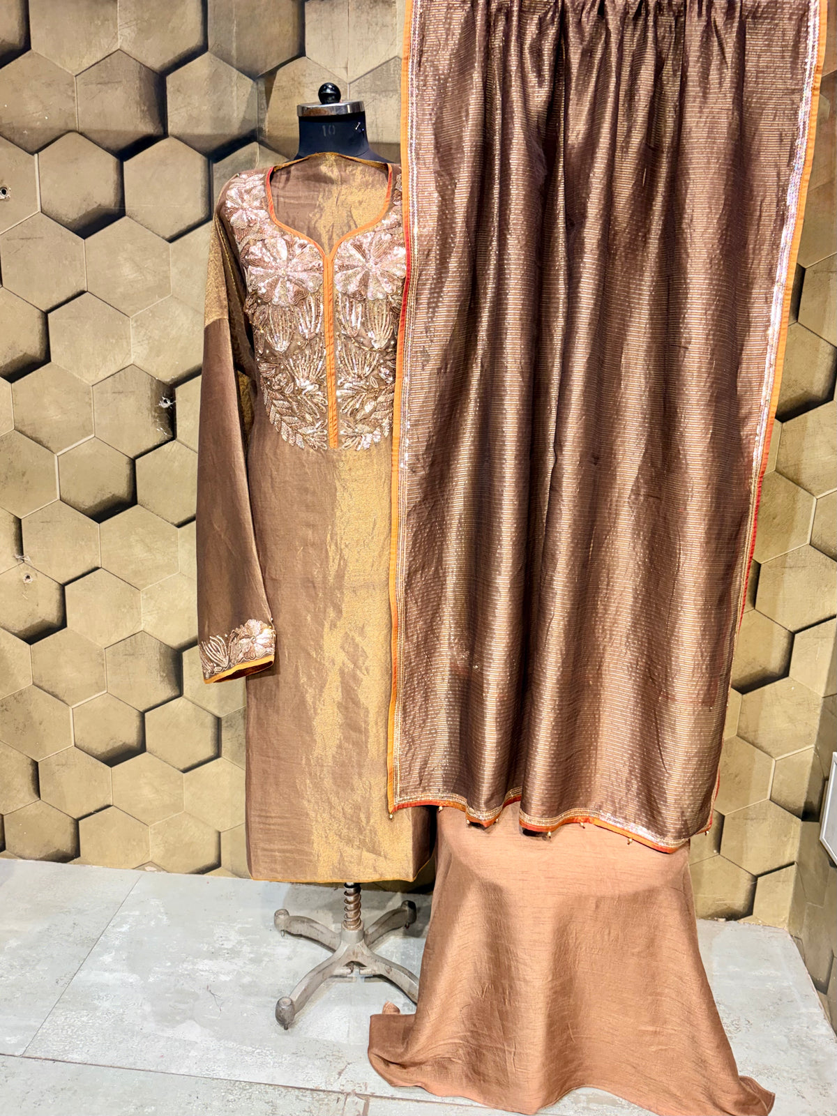 Copper Bronze Tissue Ensemble with Elegant Hand embroidery