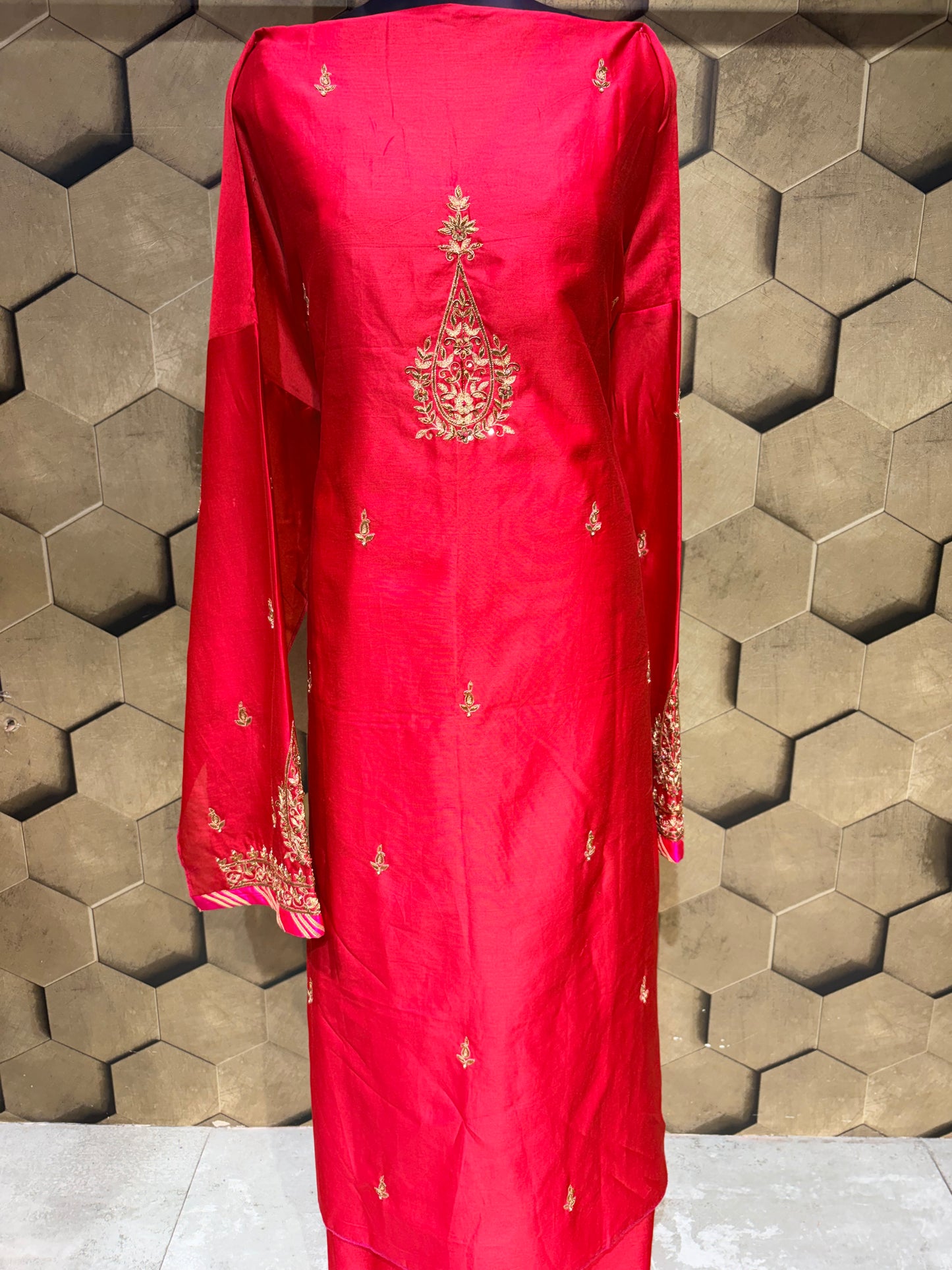 A Timeless Symphony of Red & Fuchsia in Elegant Chanderi with intricate Hand embroidery