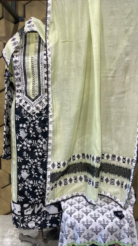 Exclusive embroidered mul Chanderi outfit in black and lime