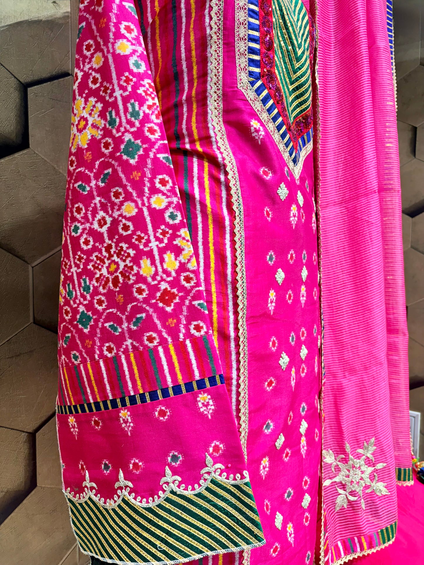 Vibrant and beautiful Pure Chanderi suit set in bright fuchsia Patola print
