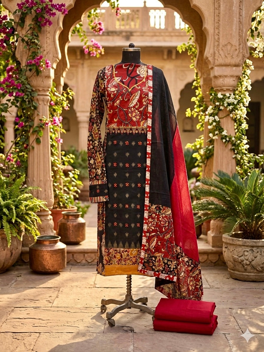 Elegant pure cotton suit set featuring a striking centre panel in pure Ikkat with hand-block Kalamkari