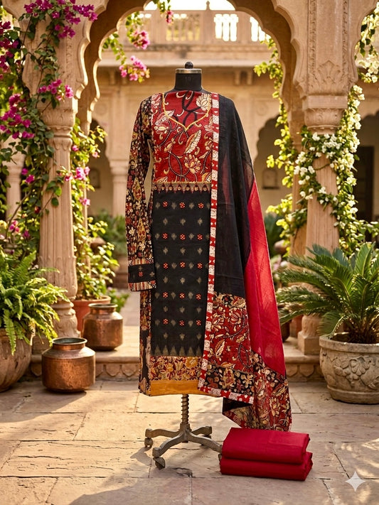 Elegant pure cotton suit set featuring a striking centre panel in pure Ikkat with hand-block Kalamkari