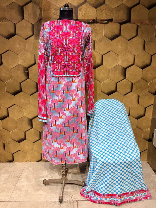 A stunning pure cotton co-ord set in a vibrant blend of blues, pinks, and reds