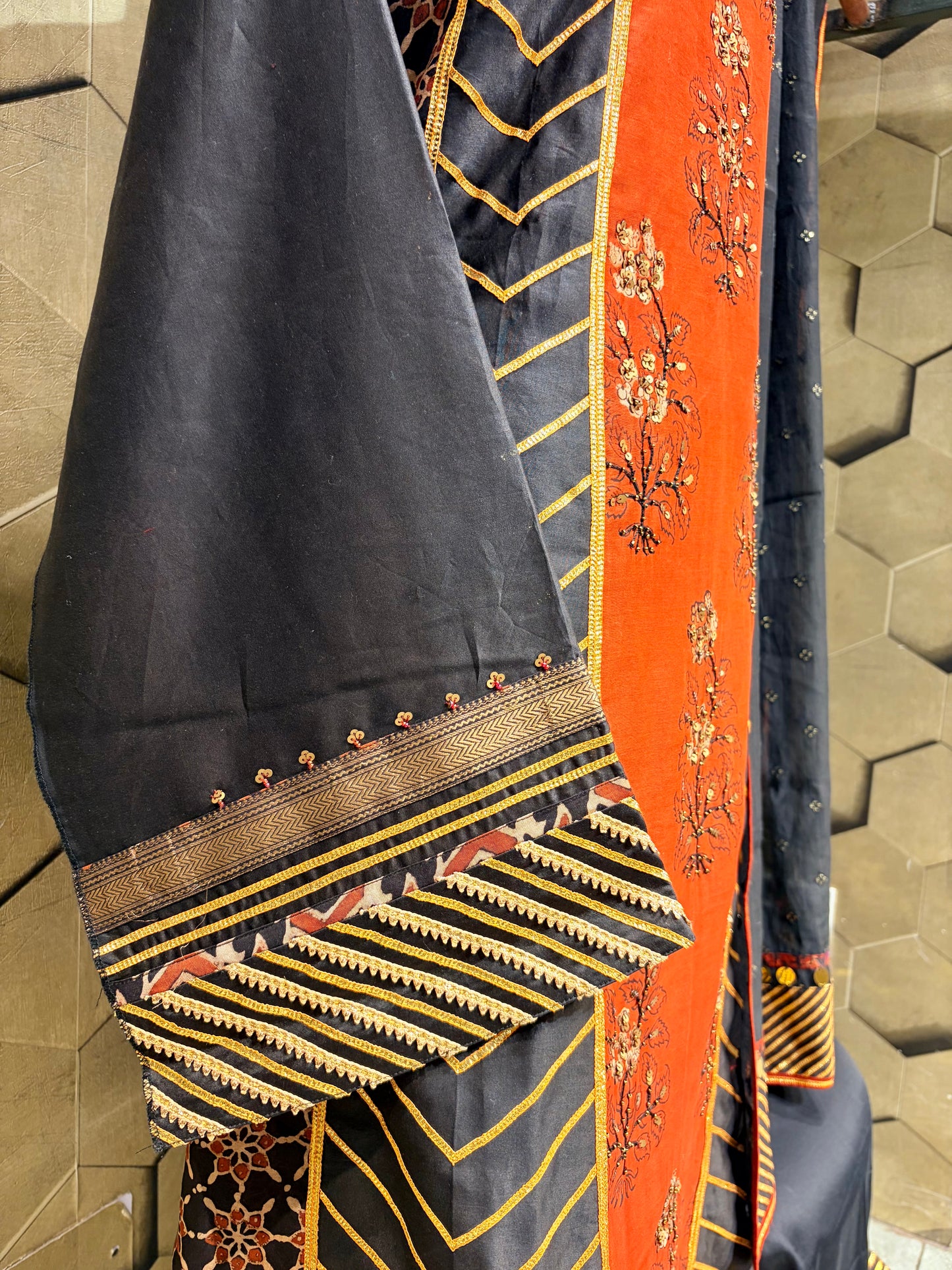 Rich Ajrakh block print Chanderi suit set with Gotta patti with intricate Hand work embroidery