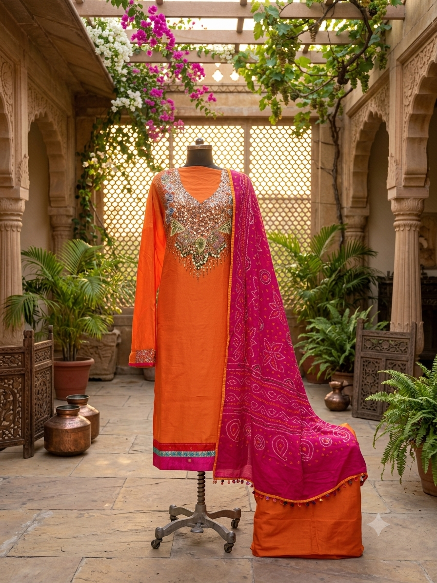 Luxurious and Vibrant Orange Pure Chanderi festive ensemble