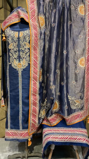 Blue soft chanderi zari embroidery outfit