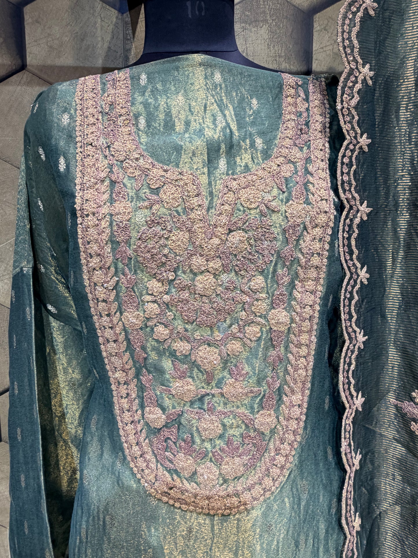 Festive elegance and timeless luxury in Emerald Green Tissue Sharara set