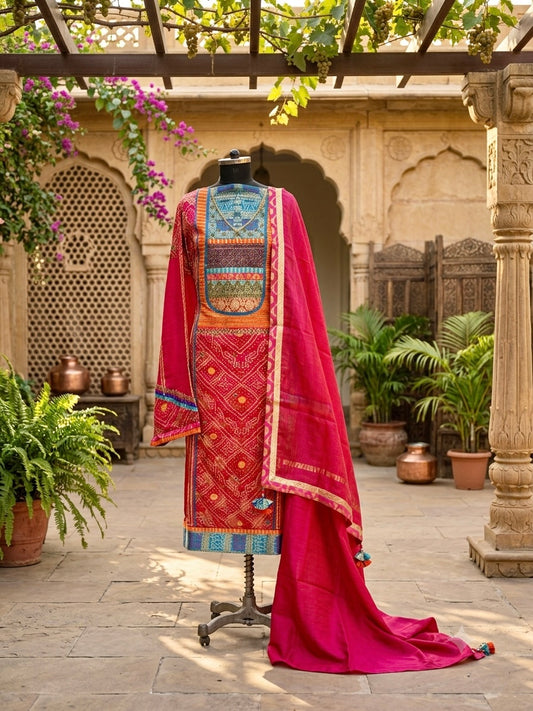 Bold Regal Exquisitely handcrafted suit set in Vegan silk and Muslin