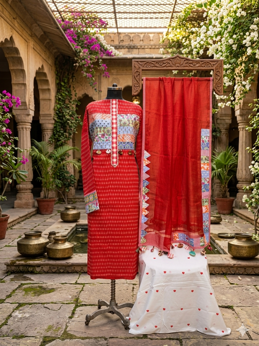 Pure cotton vibrant red ikat suit set