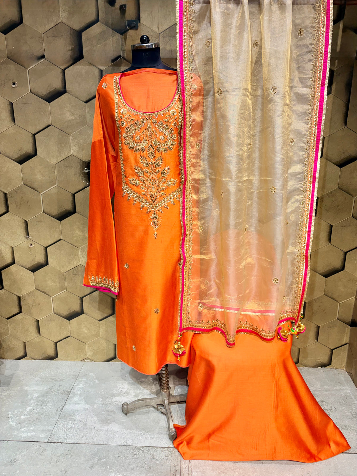 Pure Chanderi Orange & Fuchsia Festive Grandeur