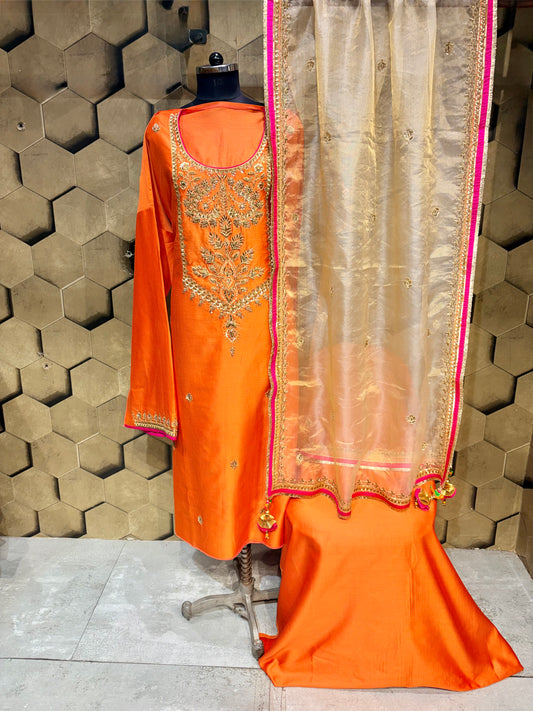 Pure Chanderi Orange & Fuchsia Festive Grandeur