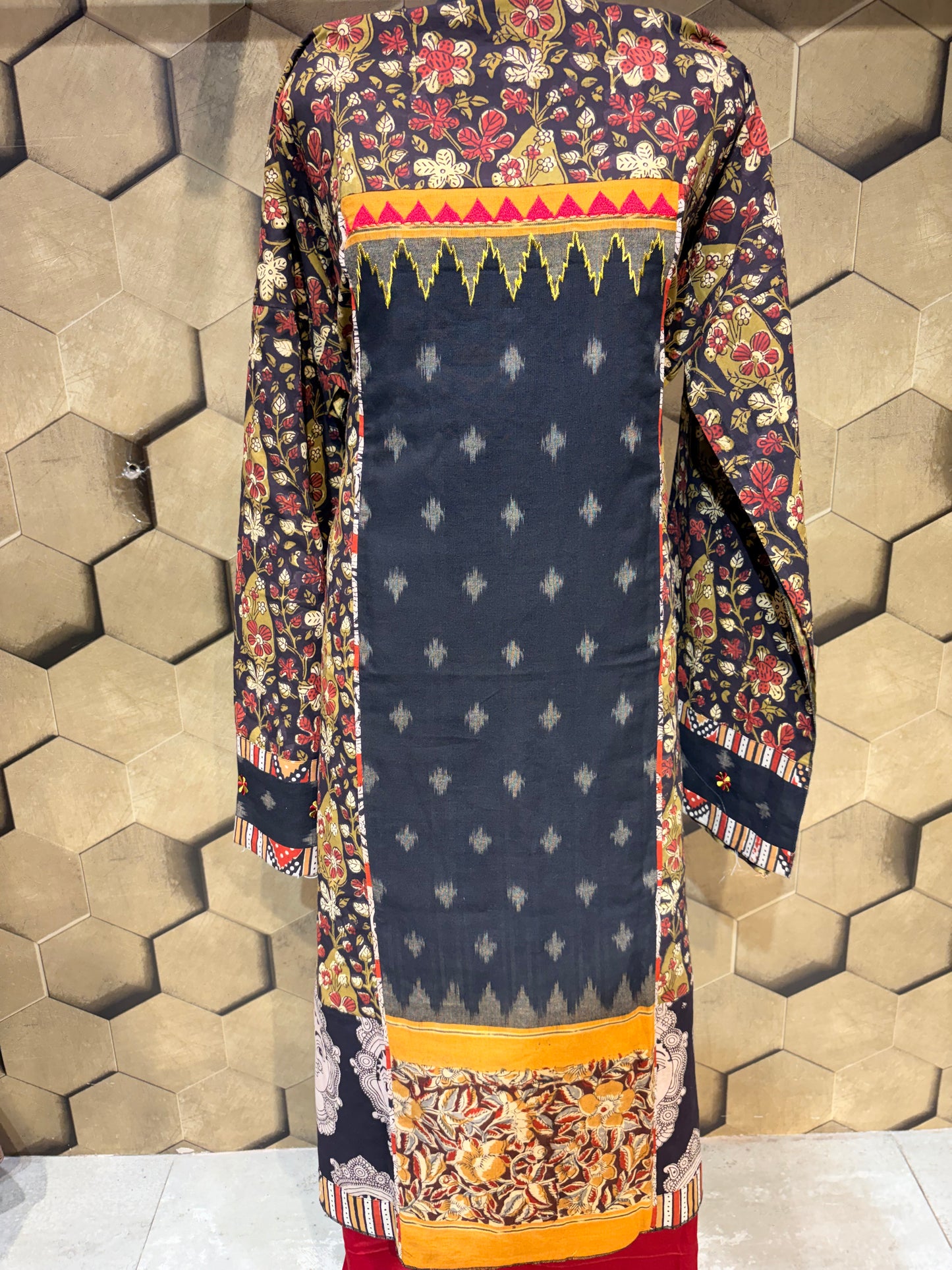 Elegant pure cotton suit set featuring a striking centre panel in pure Ikkat with hand-block Kalamkari